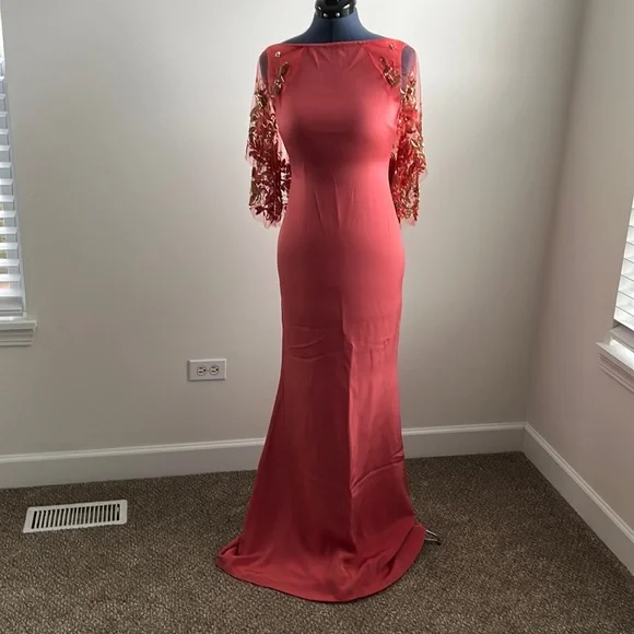 marchesa notte dress pink Marchesa Notte Bridesmaid Boat-Neck Ruffle-Sleeve Slit Gown